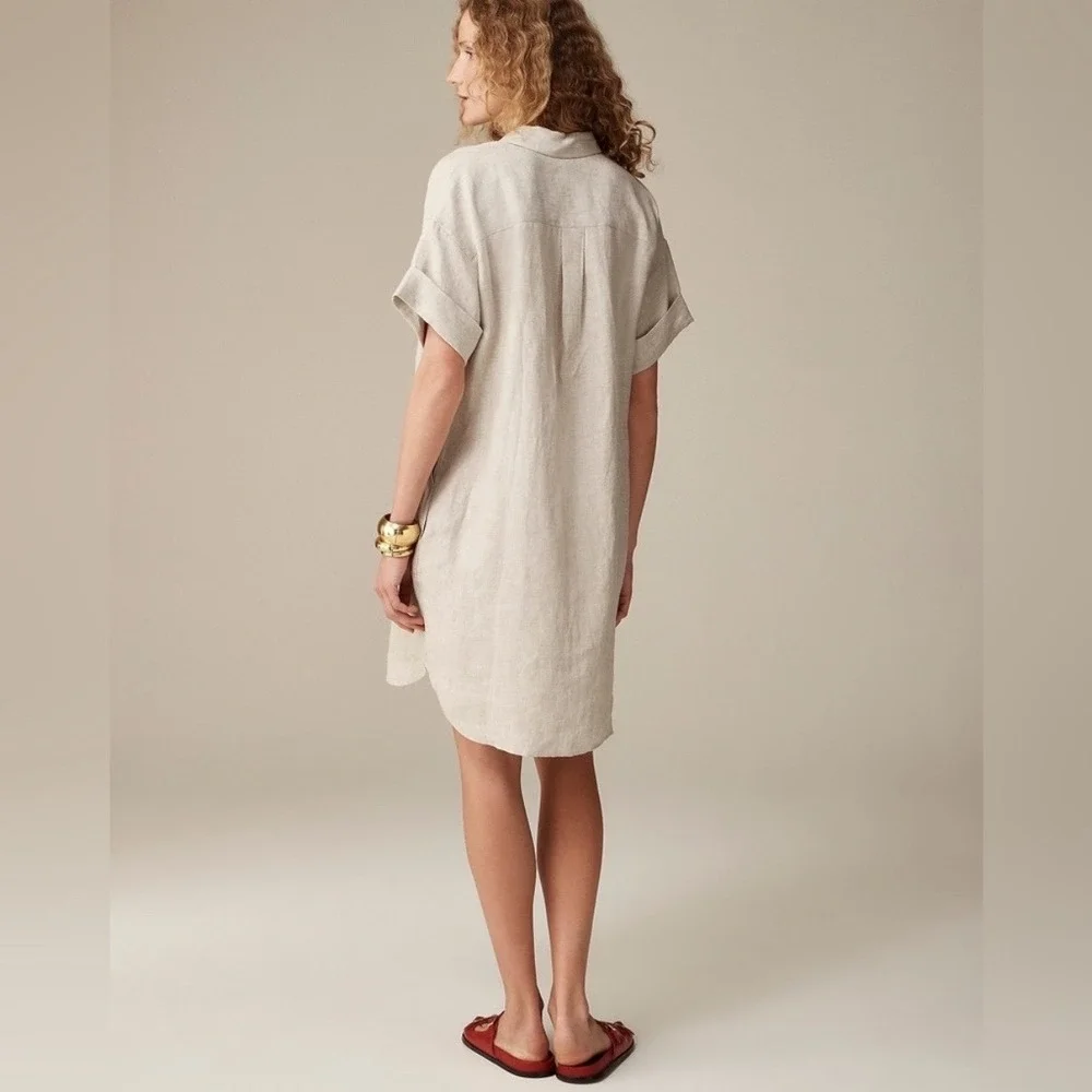 J. Crew 100% Linen Capitaine Shirt Dress M Short Sleeve Button Down Beige Tan